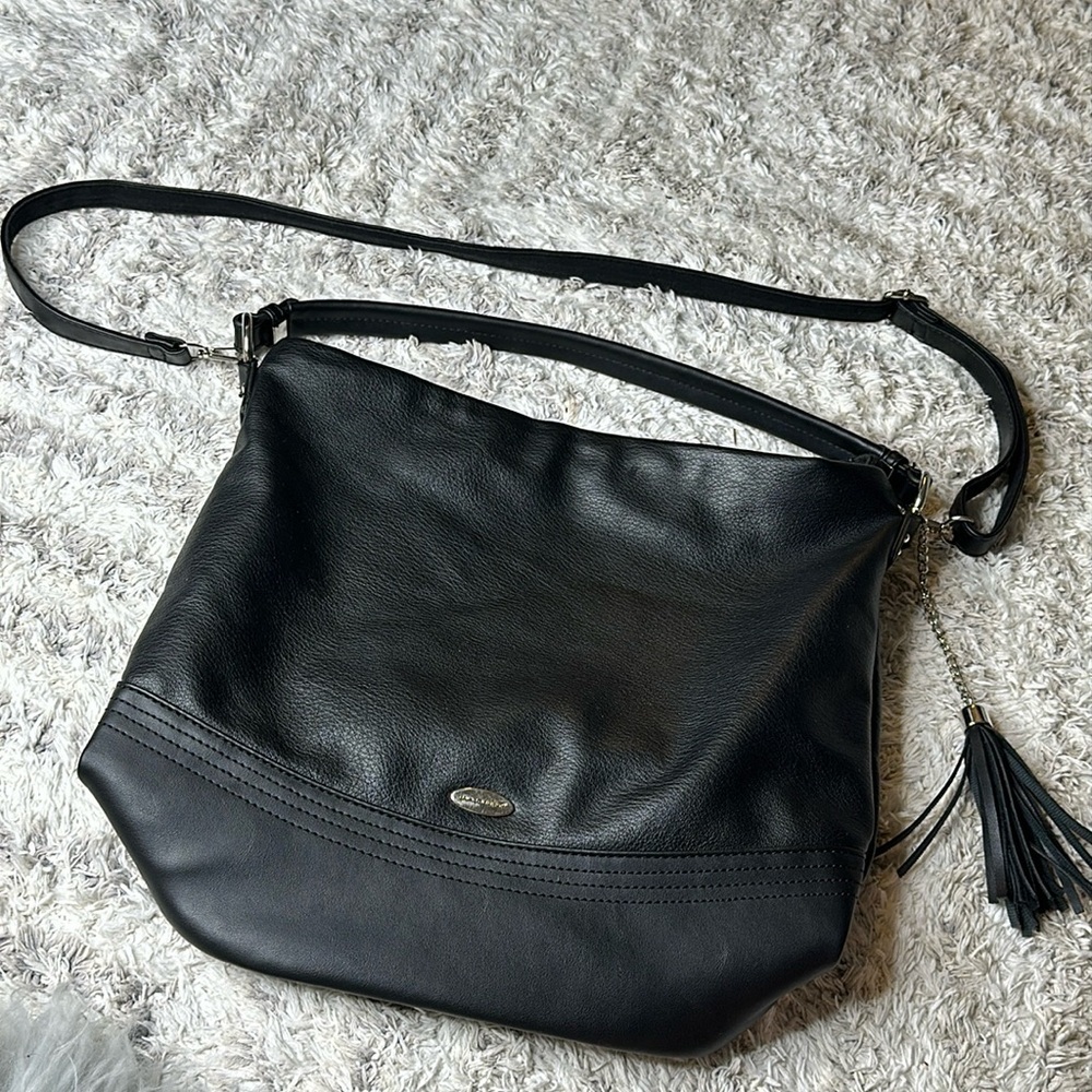 David Jones, black leather purse with tassel Crossbody and shoulder strap